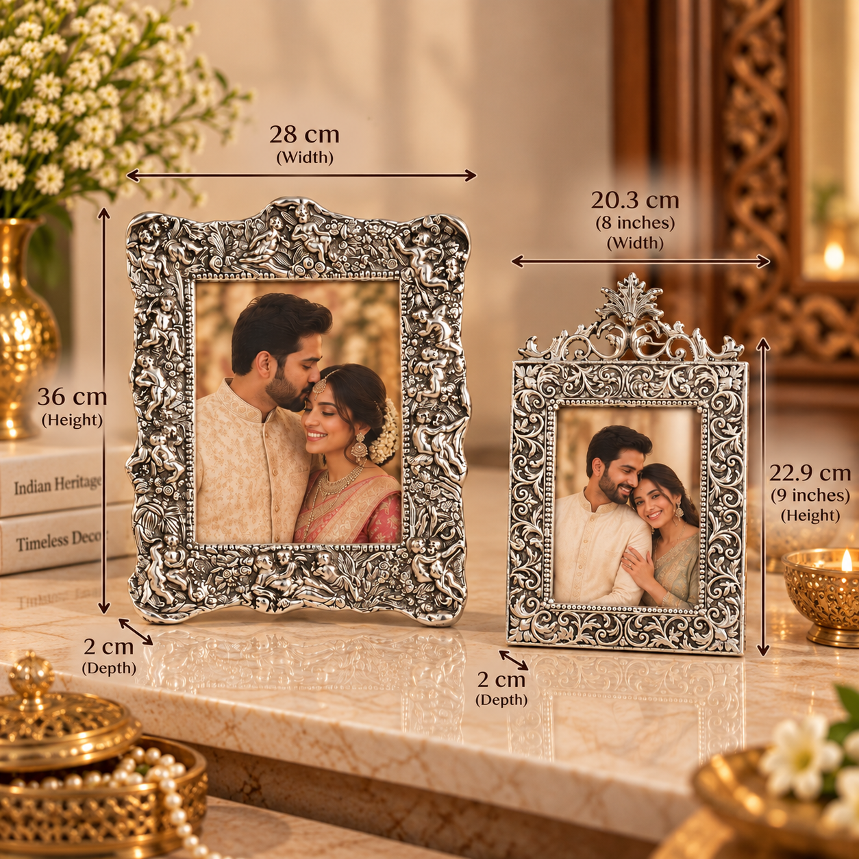 Two ornate silver picture frames with decorative scrollwork, shown on a marble surface with overlaid dimension arrows and text indicating width, height, and depth. The background is a warm indoor setting with decorative gold-toned objects and flowers.