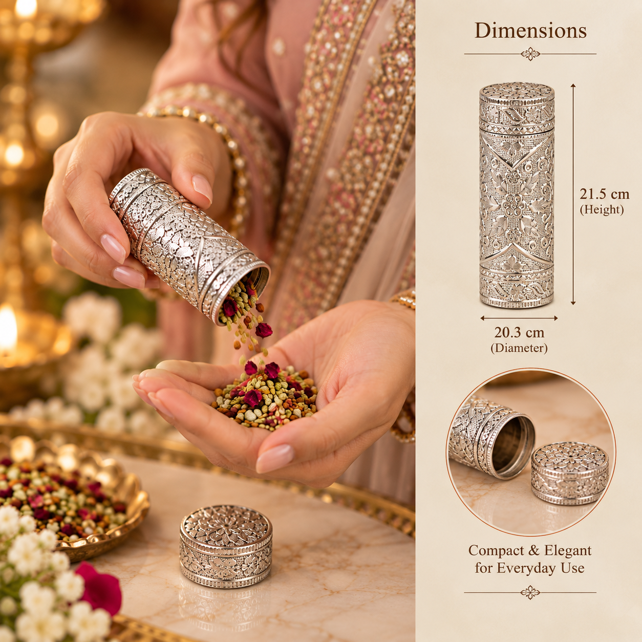 An ornate silver-toned cylindrical container with intricate floral engraving, shown being emptied into a hand. The right side includes a beige panel with dimensions labeled as 21.