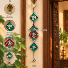 A decorative hanging ornament set shown installed on a wooden door, with inset detail circles and dimension callouts. The product includes a floral hook, enamel finish pieces, and traditional motifs in green, red, gold, and silver, with text listing dimensions and features.