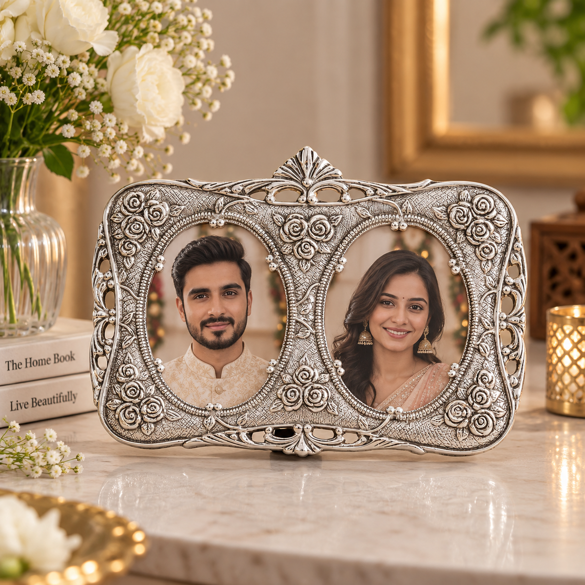 An ornate silver-toned double-photo frame with intricate scrollwork, displayed on a marble surface with a couple's portrait inside. The background features a vase of white flowers, books, and a gold-framed mirror.
