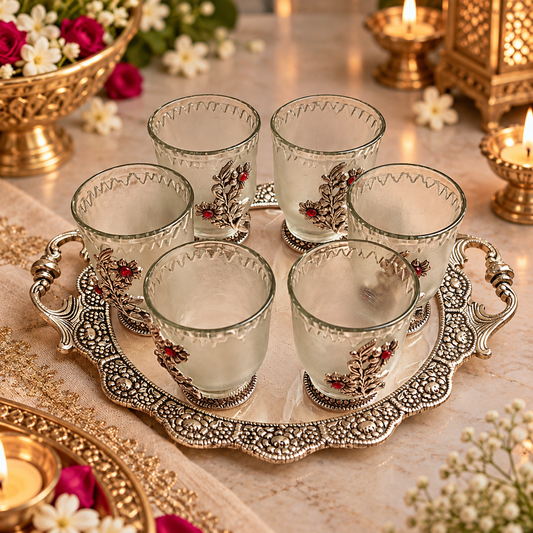 Gulzar Floral Glass Set with Silver Tray | Set of 6