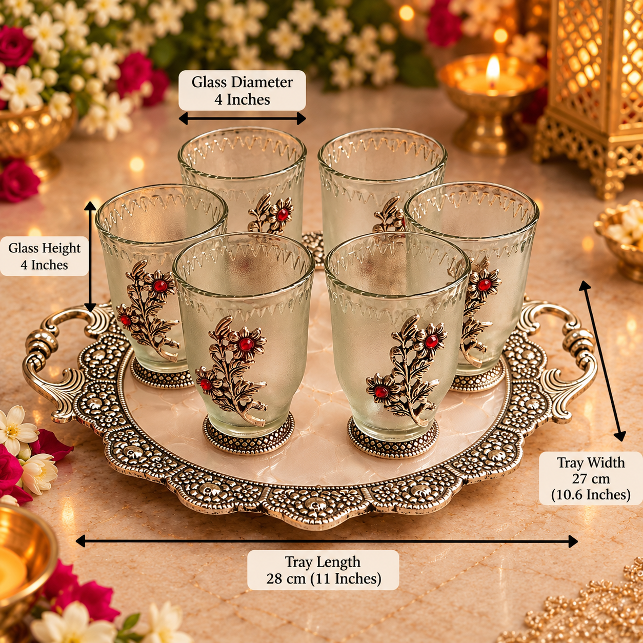 Gulzar Floral Glass Set with Silver Tray | Set of 6