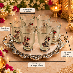 Gulzar Floral Glass Set with Silver Tray | Set of 6