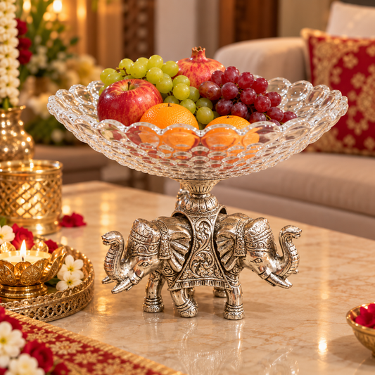 Gajendra Silver Three Trunk Elephant Fruit Bowl