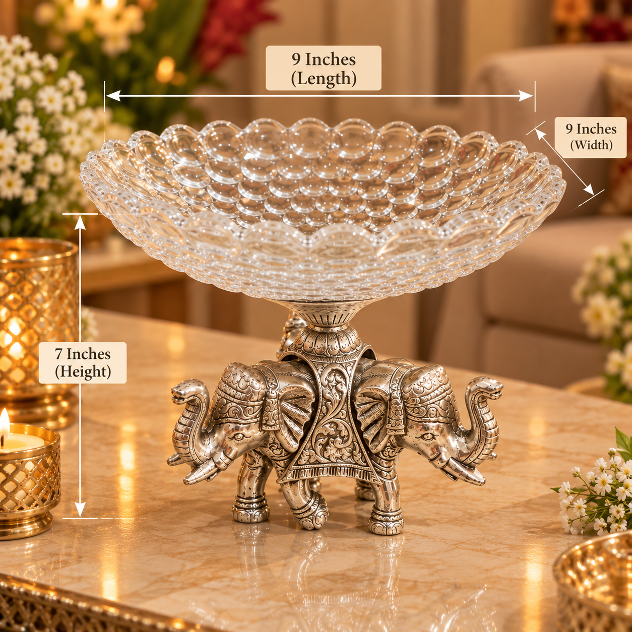 Gajendra Silver Three Trunk Elephant Fruit Bowl