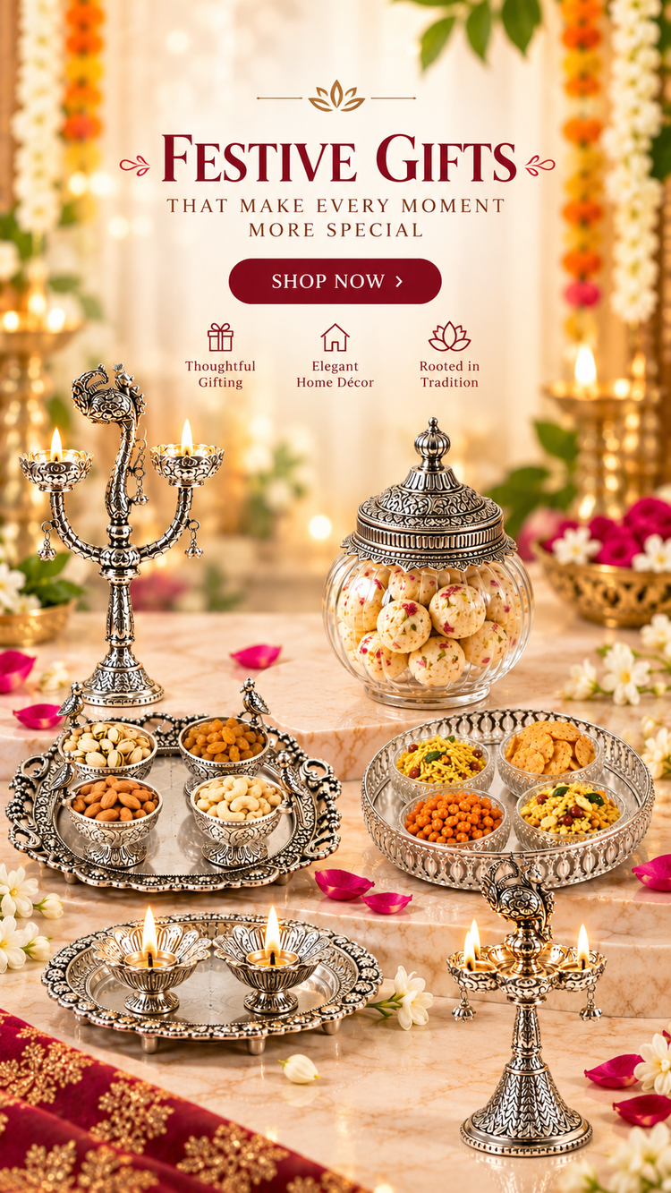 A festive Indian Diwali gift arrangement featuring silver-toned metal diya lamps, a glass jar of sweets, and trays of assorted nuts and snacks on a decorated table. The background is adorned with warm lights, flowers, and hanging garlands, with promotional text reading 'Festive Gifts' and 'Shop Now'.