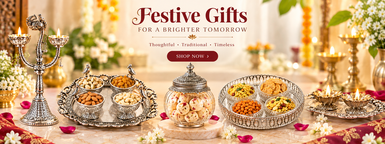 A festive table display with traditional Indian sweets, snacks, and lit candles, with the text 'Festive Gifts For a Brighter Tomorrow' and a 'SHOP NOW' button at the top.