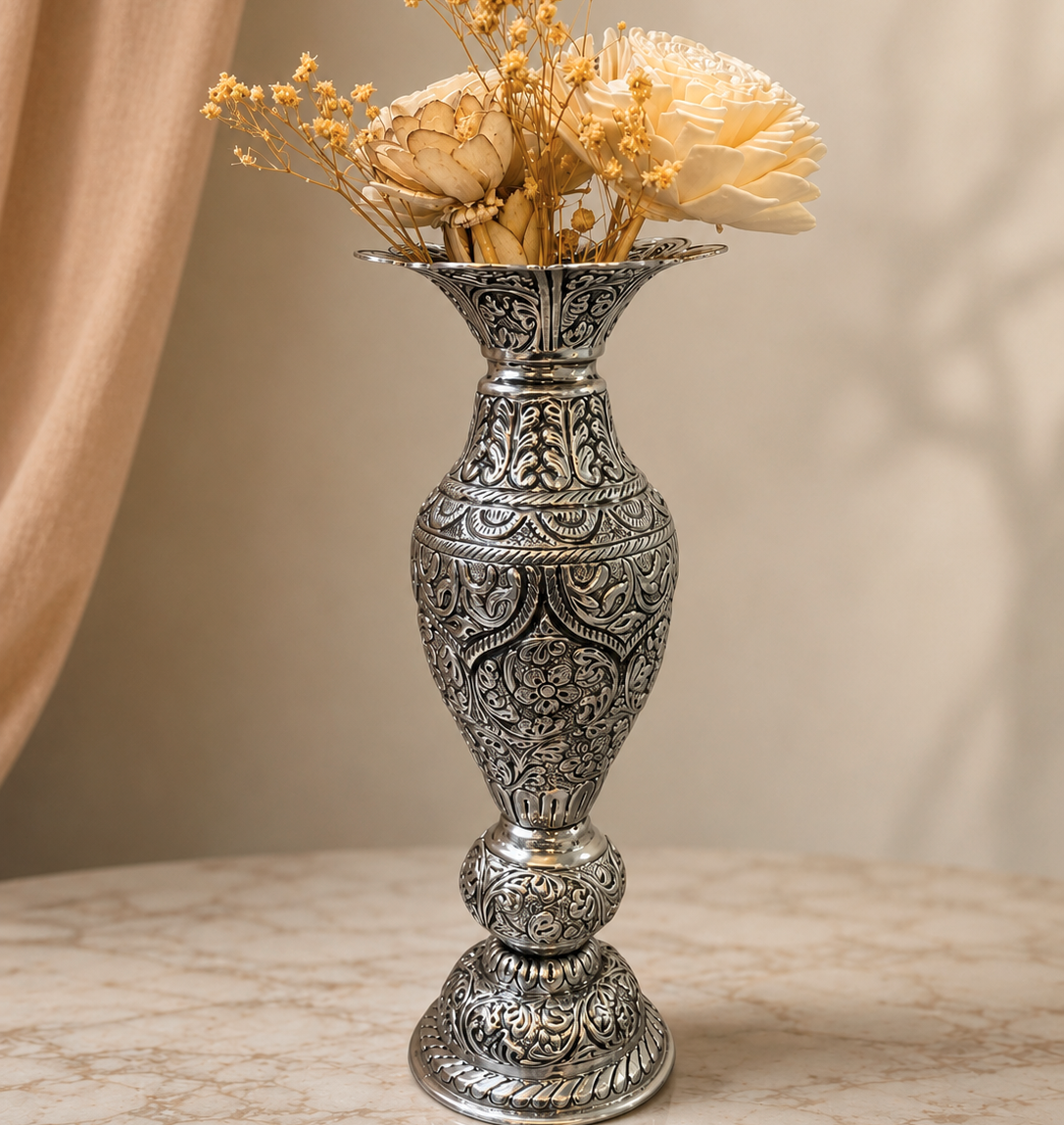 Gulnaar Vase | German Silver Decorative Flower Vase for Home