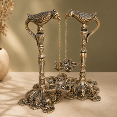 Madhuban Deepmala | German Silver Parrot Diya Stand & Hanging Lamp (Pair)
