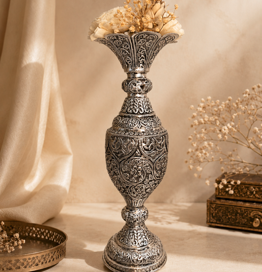 Gulabari Vase | German Silver Ornate Flower Vase & Home Decor