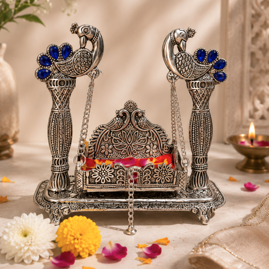 Rajmayur Jhula | German Silver Peacock Swing for Laddu Gopal
