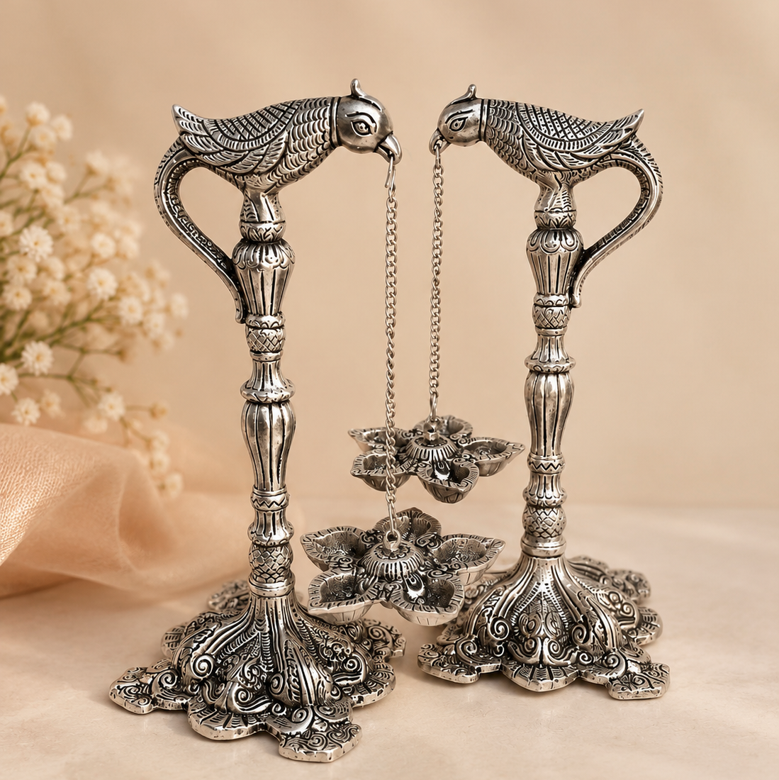 Madhuban Deepmala | German Silver Parrot Diya Stand & Hanging Lamp (Pair)