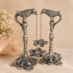 Madhuban Deepmala | German Silver Parrot Diya Stand & Hanging Lamp (Pair)