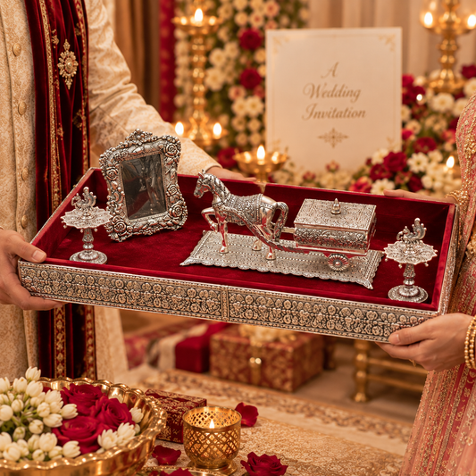 A wedding gift tray held by two people in traditional Indian attire. The ornate silver-plated tray with red velvet lining features a silver horse-drawn carriage, a picture frame, and decorative candle holders.
