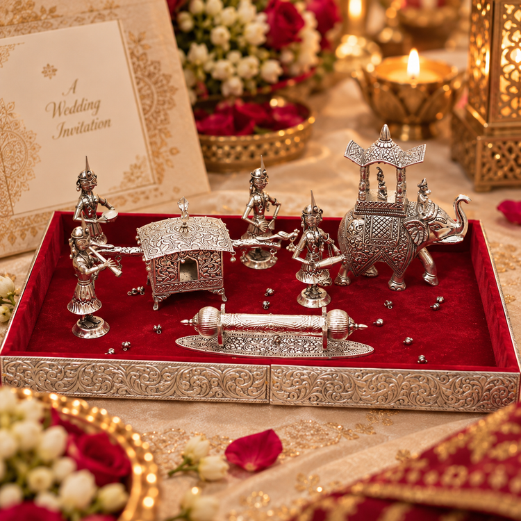 A silver-toned traditional Indian wedding ornament set displayed inside an ornate red velvet tray, alongside a wedding invitation card and lit candles in a festive setting.