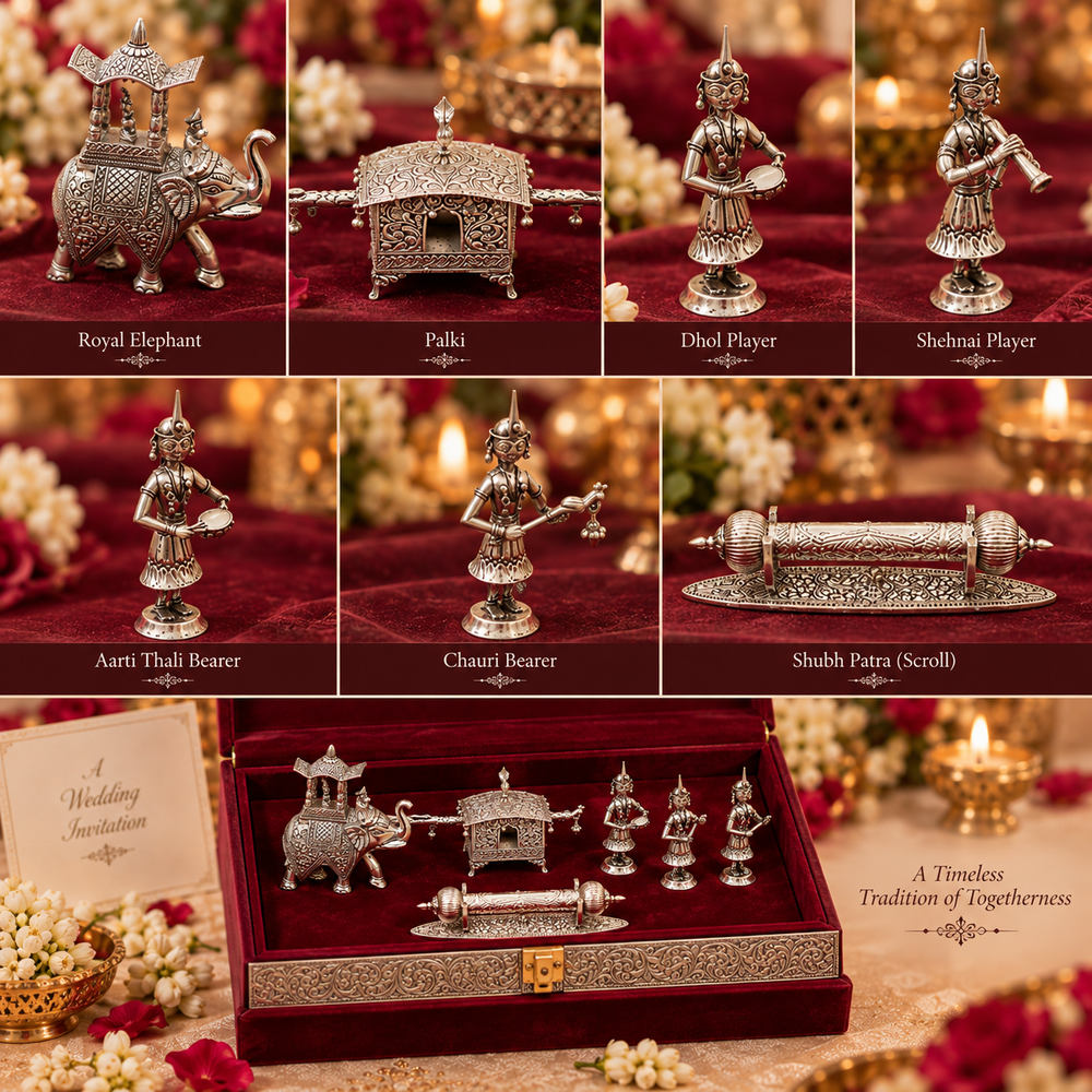 A collage showing multiple silver-toned traditional Indian wedding jewelry and decor figurines arranged on a red velvet surface, with candlelit floral backgrounds. The set includes Royal Elephant, Palki, Dhul Player, Sheshmai Player, Aarti Thali Bearer, Chari Bearer, and Shubh Patra (Scroll).
