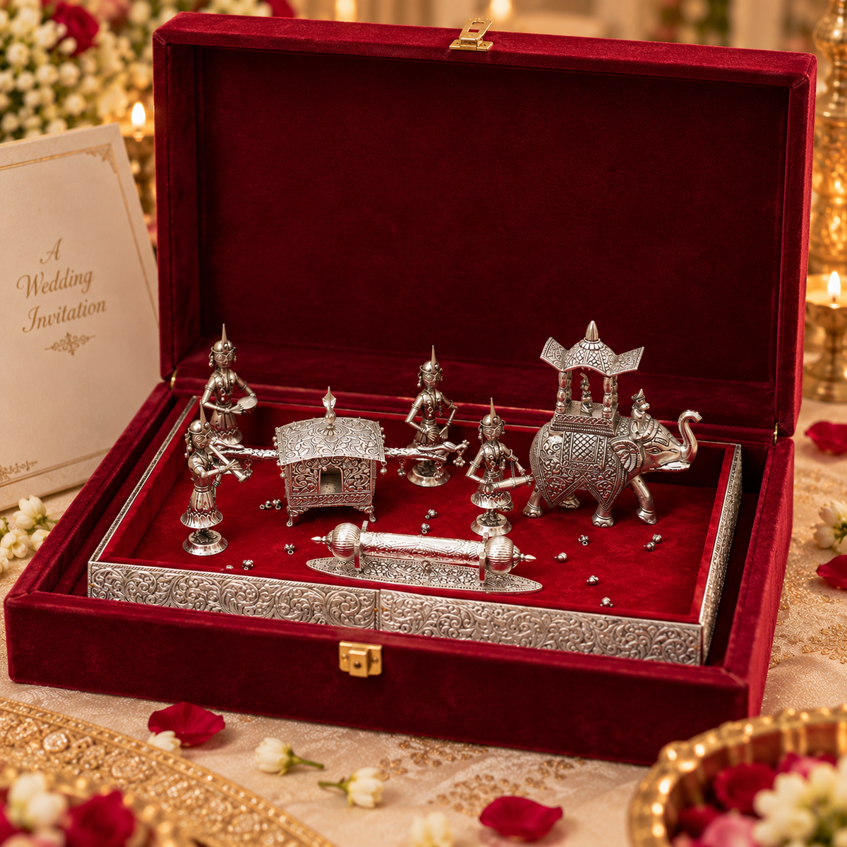 A silver-toned traditional Indian wedding jewelry box set displayed inside an open deep red velvet presentation box. The set includes an elephant carrier, a small pavilion, several ornate jewelry stands, and a decorative latch, all arranged on a red velvet insert.