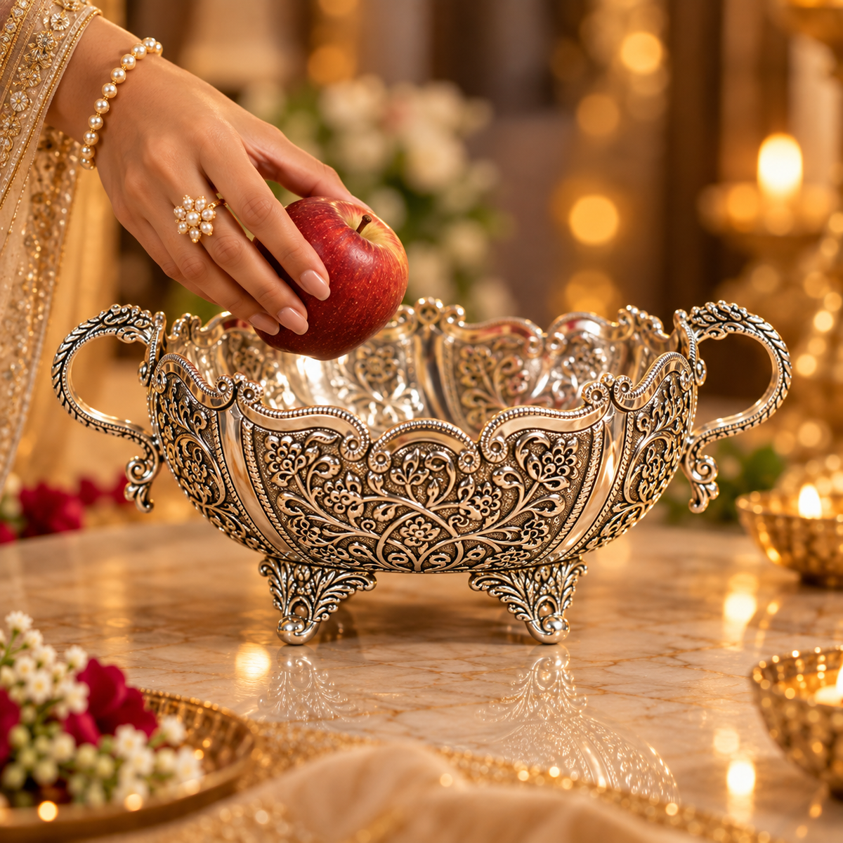An ornate silver-toned decorative bowl with intricate floral engraving and loop handles sits on a marble table. A hand wearing a pearl bracelet and ring places a red apple into the bowl.