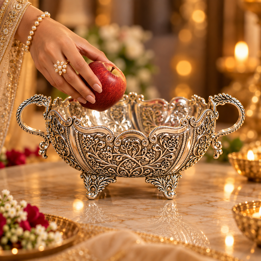 An ornate silver-toned decorative bowl with intricate floral engraving and loop handles sits on a marble table. A hand wearing a pearl bracelet and ring places a red apple into the bowl.