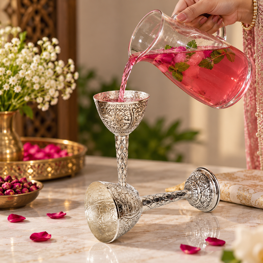Two ornate silver-toned stemware glasses on a marble table, with a hand pouring pink liquid from a glass pitcher into one of the glasses. A second matching glass lies on its side.