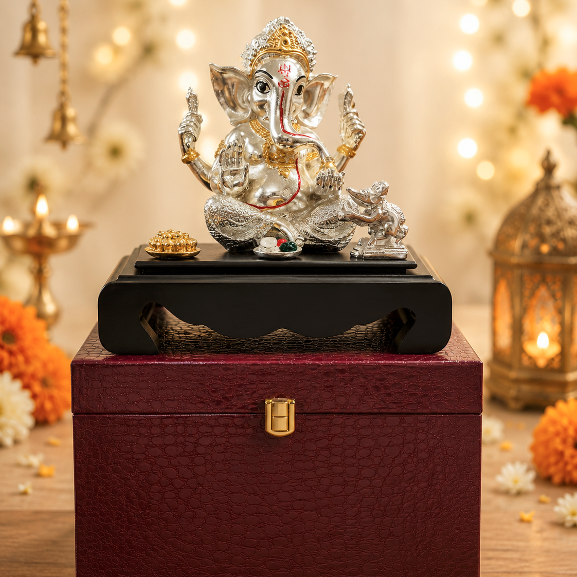 A silver-toned Lord Ganesha statue with red and gold accents sits on a black rectangular base atop a textured dark red gift box with a gold clasp. The setup is decorated with warm string lights, candles, and orange marigold flowers in the background.