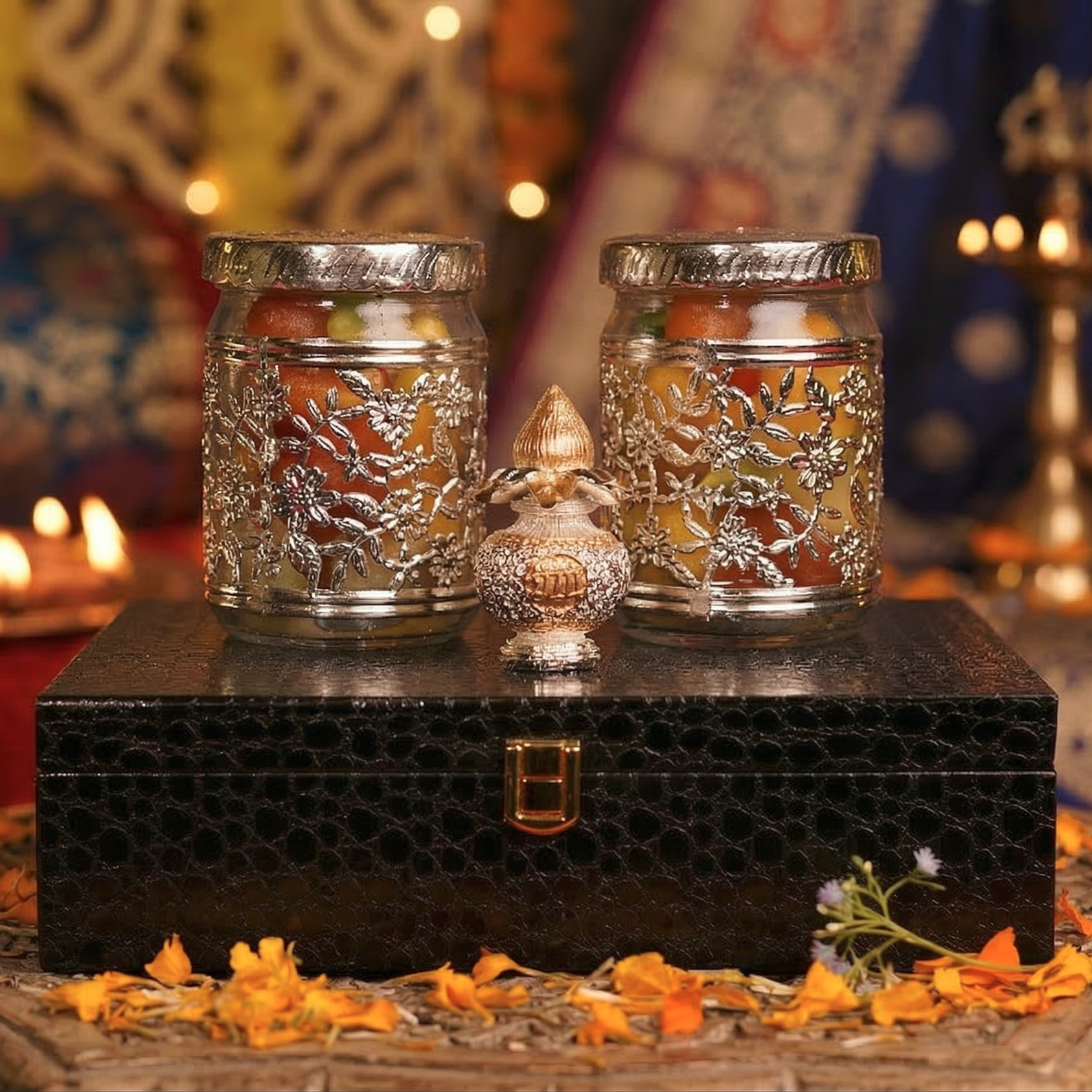Decorative jars with intricate designs on a black box with a blurred festive background.
