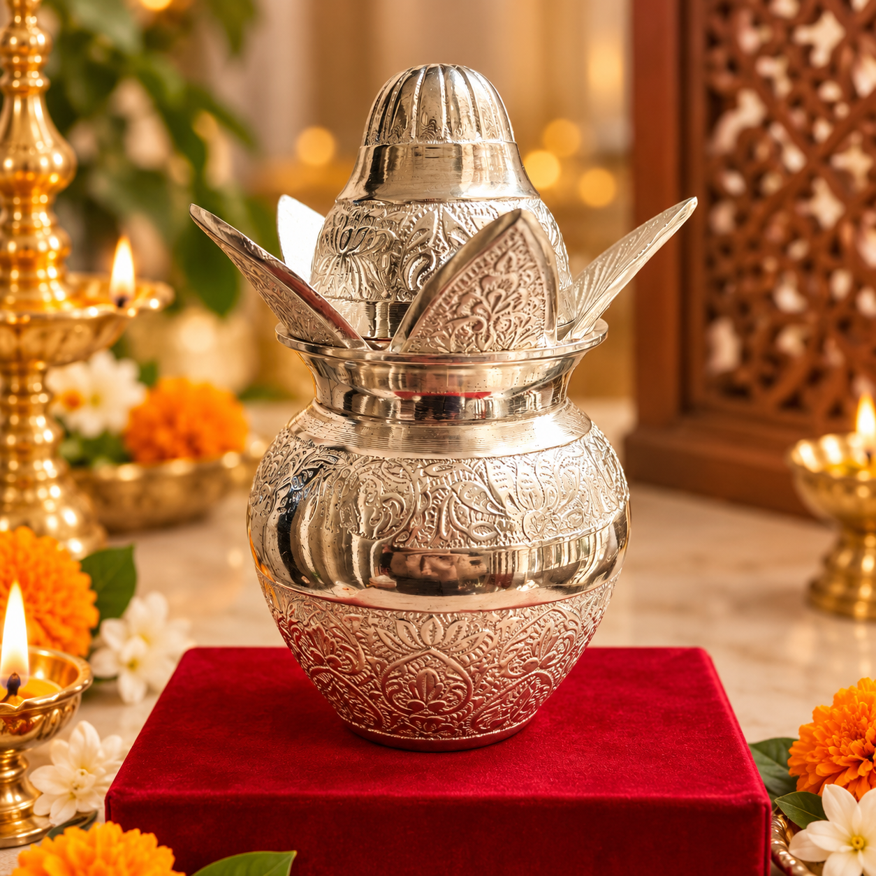 An ornate silver-toned metal pot with intricate embossed floral patterns, displayed on a red velvet pedestal in a warm, decorated setting with lit candles and flowers.