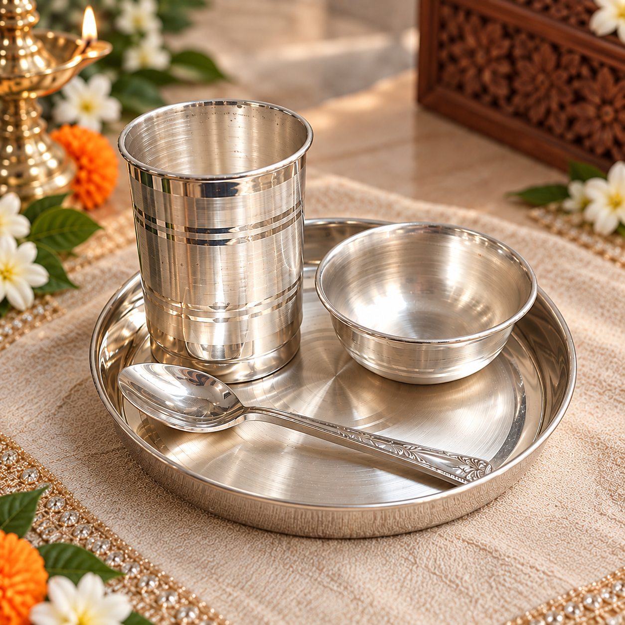 A stainless steel Indian temple utensil set on a round silver tray, including a cup, a small bowl, a spoon, and a plate, arranged on a beige fabric with decorative flowers and a brass lamp in the background.