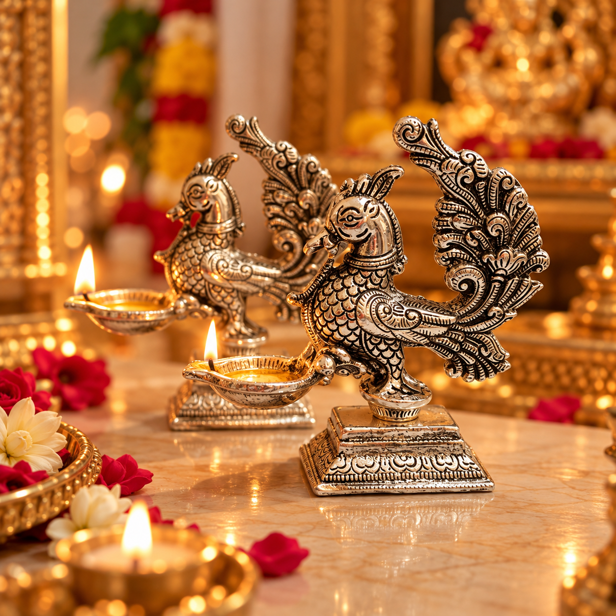 Two ornate silver-toned metal diya holders shaped like birds, each holding a small lit oil lamp, displayed on a marble surface with warm golden background decor and flowers.