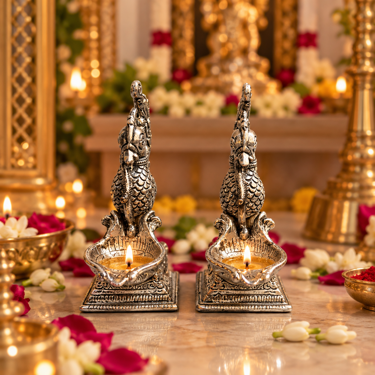 Two ornate silver-toned brass oil lamps with sculpted dragon figures on top, lit with warm flames, displayed on a marble surface with red and white flower petals and blurred golden ceremonial decor in the background.