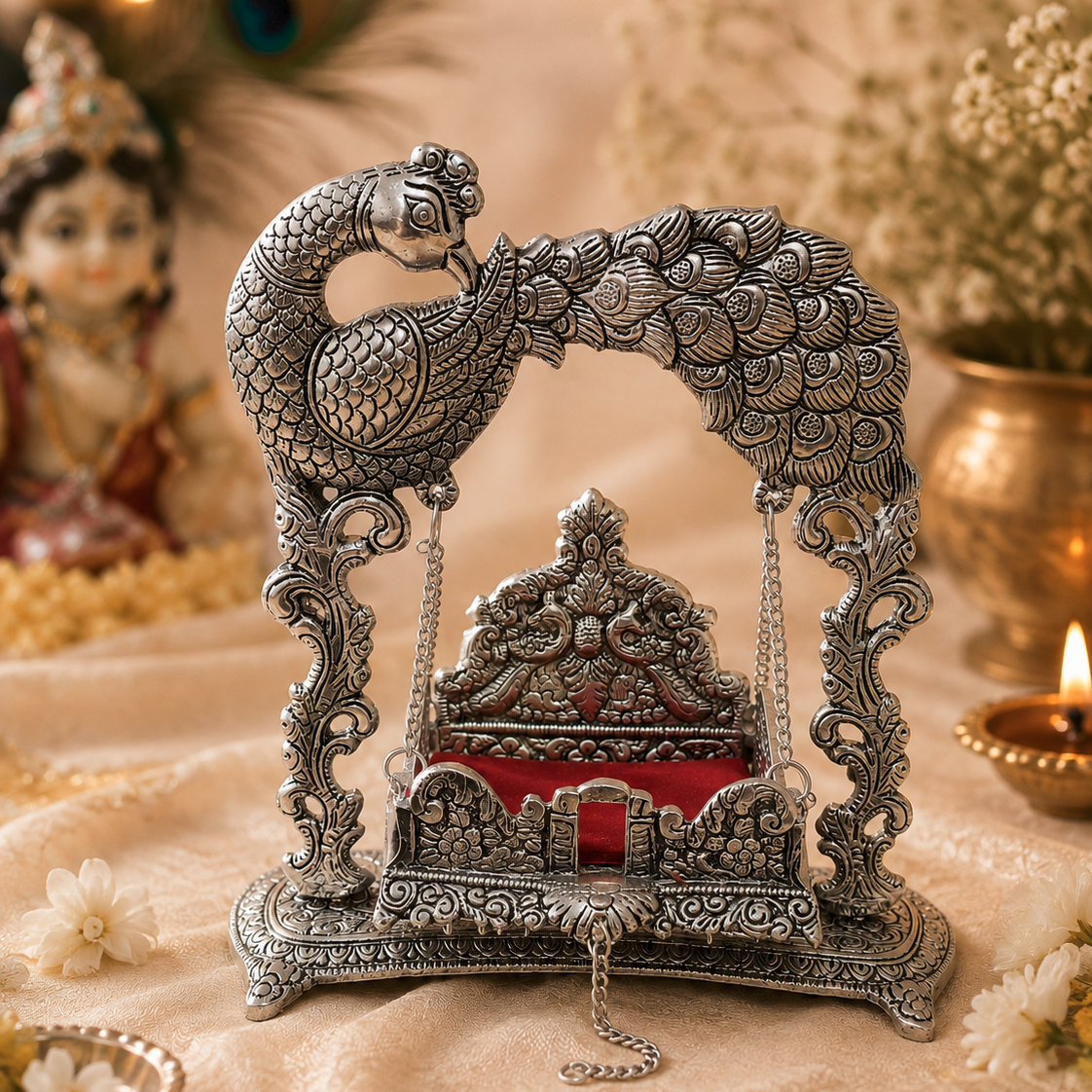 An ornate silver-toned metal Peacock Swing (Golu) idol, featuring detailed peacock carvings and a red velvet seat, displayed on a beige fabric surface with warm bokeh background lights and decorative props.