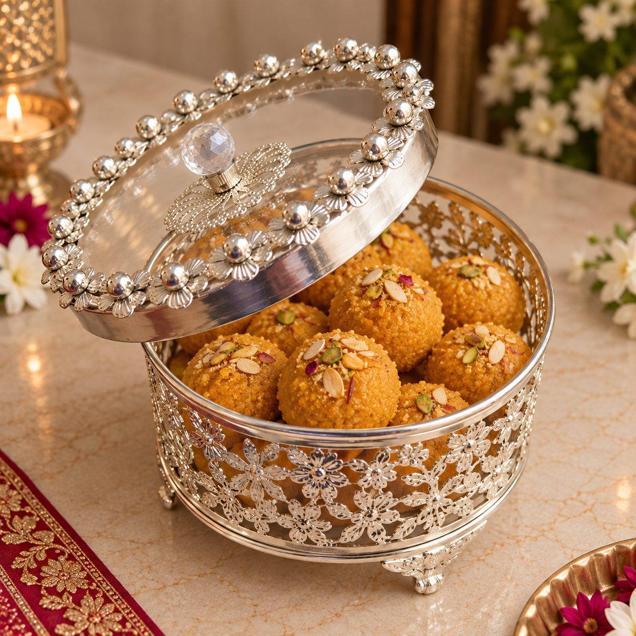 A decorative silver-toned metal laddu container with a matching ornate lid, filled with golden-brown sweet balls topped with almonds and pistachios, set on a marble surface with festive decor in the background.