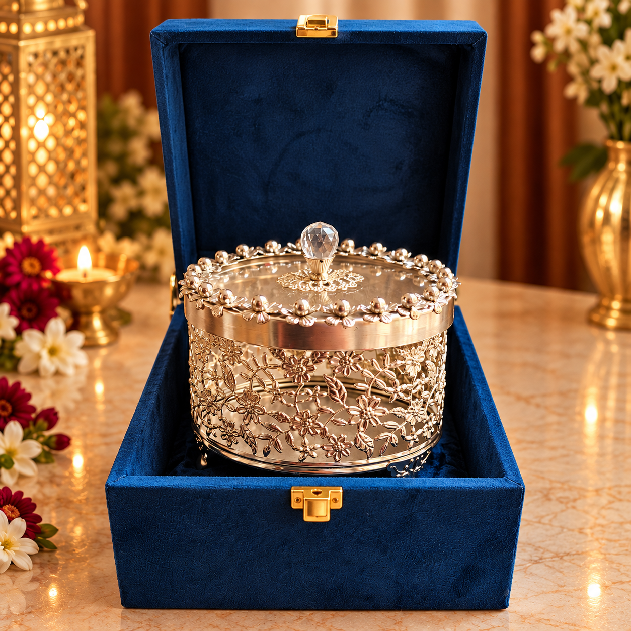 An ornate silver-toned decorative box with a floral filigree pattern and a clear crystal knob, presented inside an open royal blue velvet box on a marble tabletop with warm background decor.