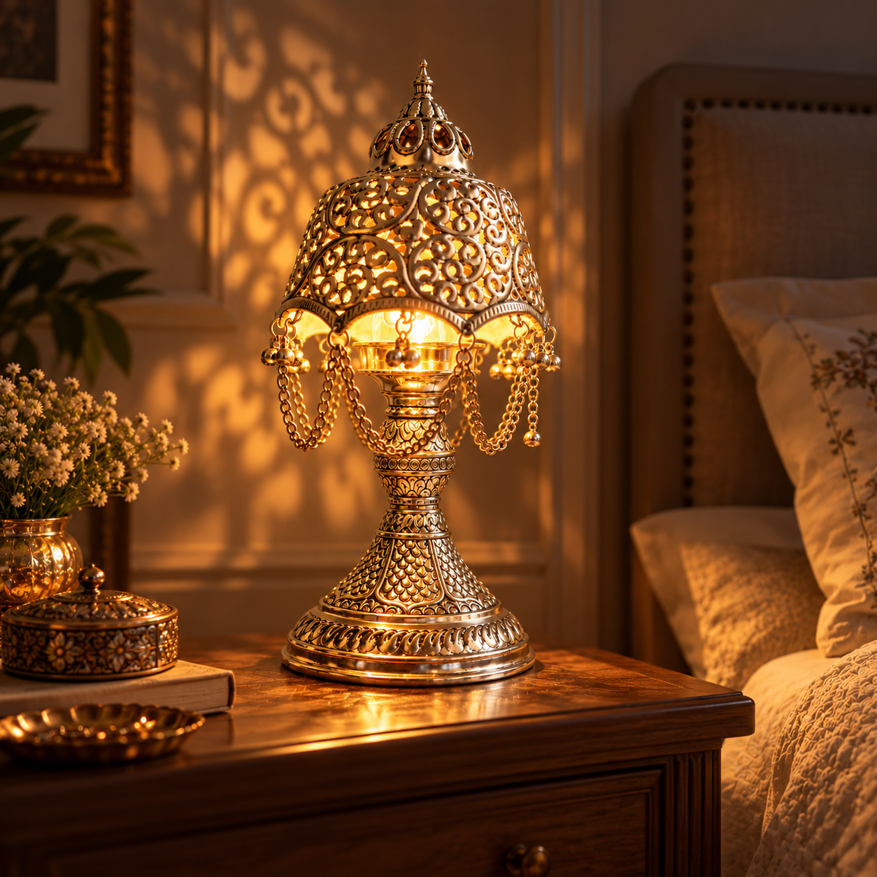 An ornate brass table lamp with intricate filigree detailing and hanging bead chains, glowing warmly on a wooden bedside table in a bedroom setting.