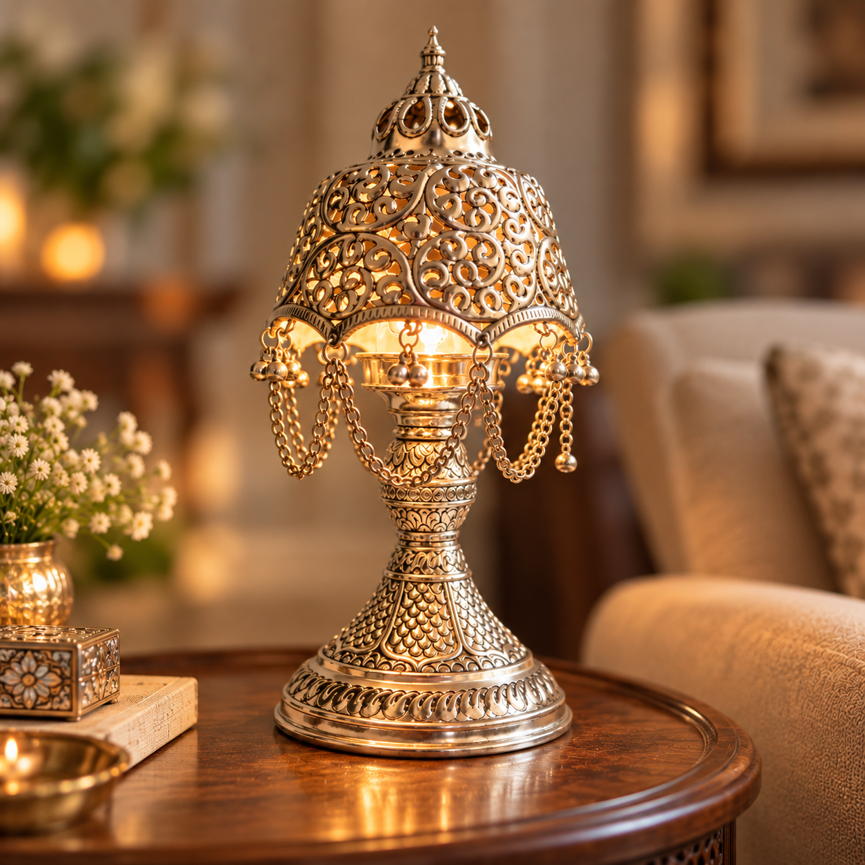 An ornate gold-toned metal table lamp with intricate filigree detailing and hanging chain accents, lit on a round wooden table in a warm, softly blurred living room setting.