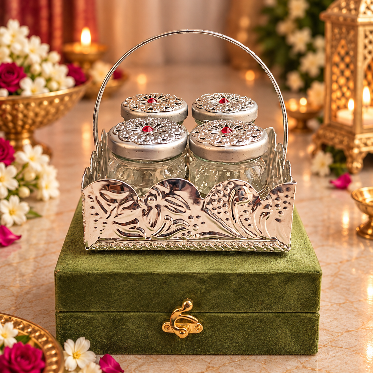 Peacock Silver Mukhwas Jar Set of 4 with Gift Box