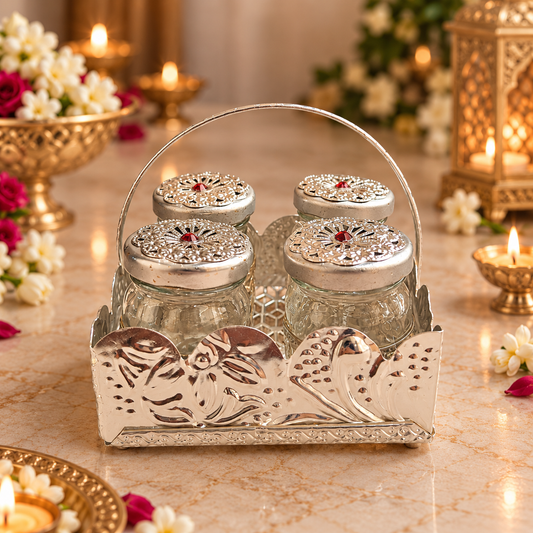 Peacock Silver Mukhwas Jar Set of 4 with Gift Box
