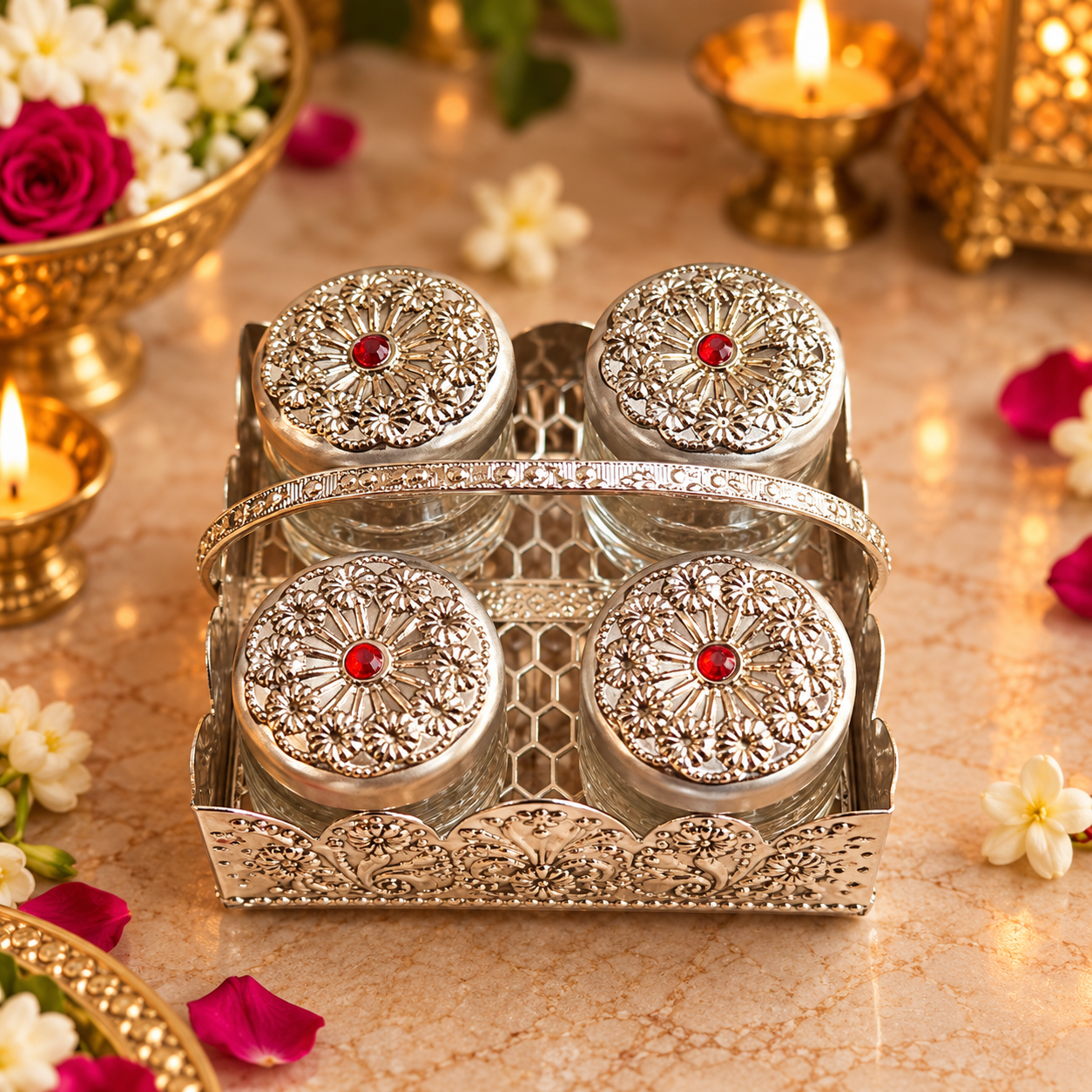 Peacock Silver Mukhwas Jar Set of 4 with Gift Box