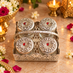 Peacock Silver Mukhwas Jar Set of 4 with Gift Box