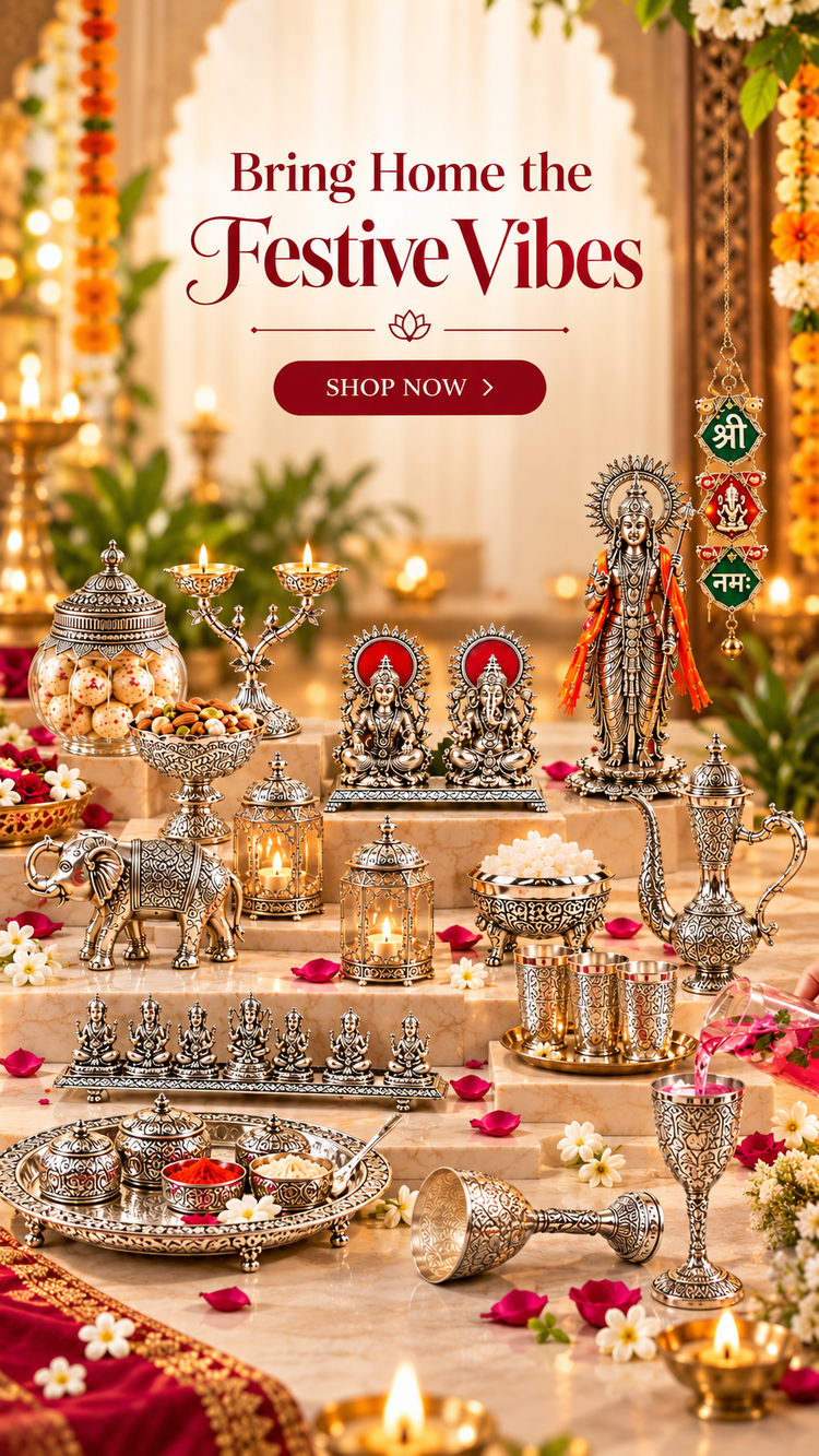 A festive display of ornate silver-toned Indian religious idols and decorative items arranged on tiered platforms, with lit candles, flowers, and marigold garlands. Large text at the top reads 'Bring Home the Festive Vibes' with a 'SHOP NOW' button below it.