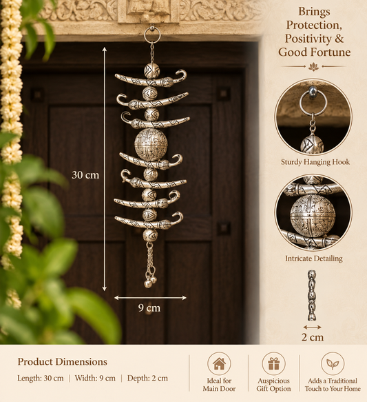Silver-toned metal Chinese wind chime hanging ornament with intricate filigree details, shown in front of a dark wooden door with overlaid dimension markers (30 cm length, 9 cm width, 2 cm depth) and feature callouts on a beige background.