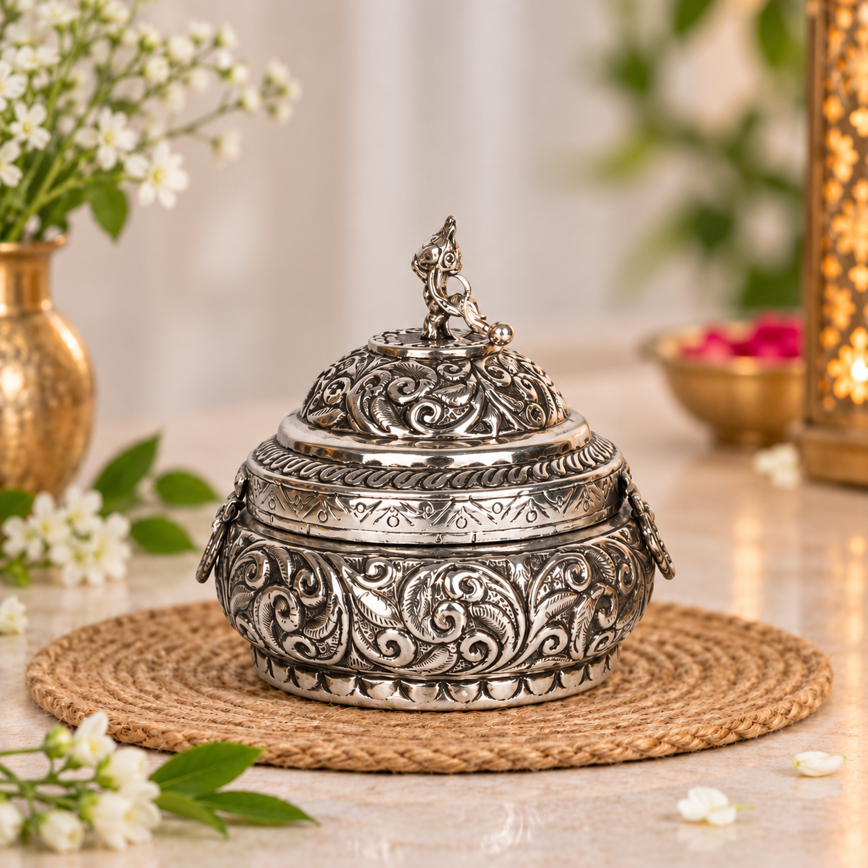 An ornate silver-toned metal lidded container with intricate embossed scrollwork, displayed on a woven placemat with decorative flowers and a warm lantern in the background.