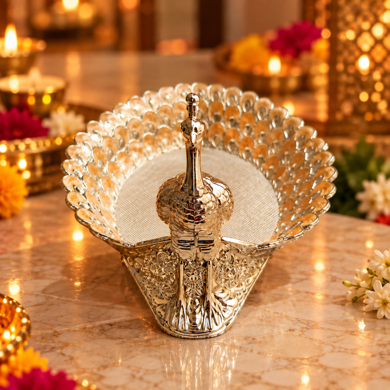 A decorative metallic silver peacock-shaped bowl with a scalloped rim, filled with white fabric, set on a warm marble surface with glowing candles in the background.