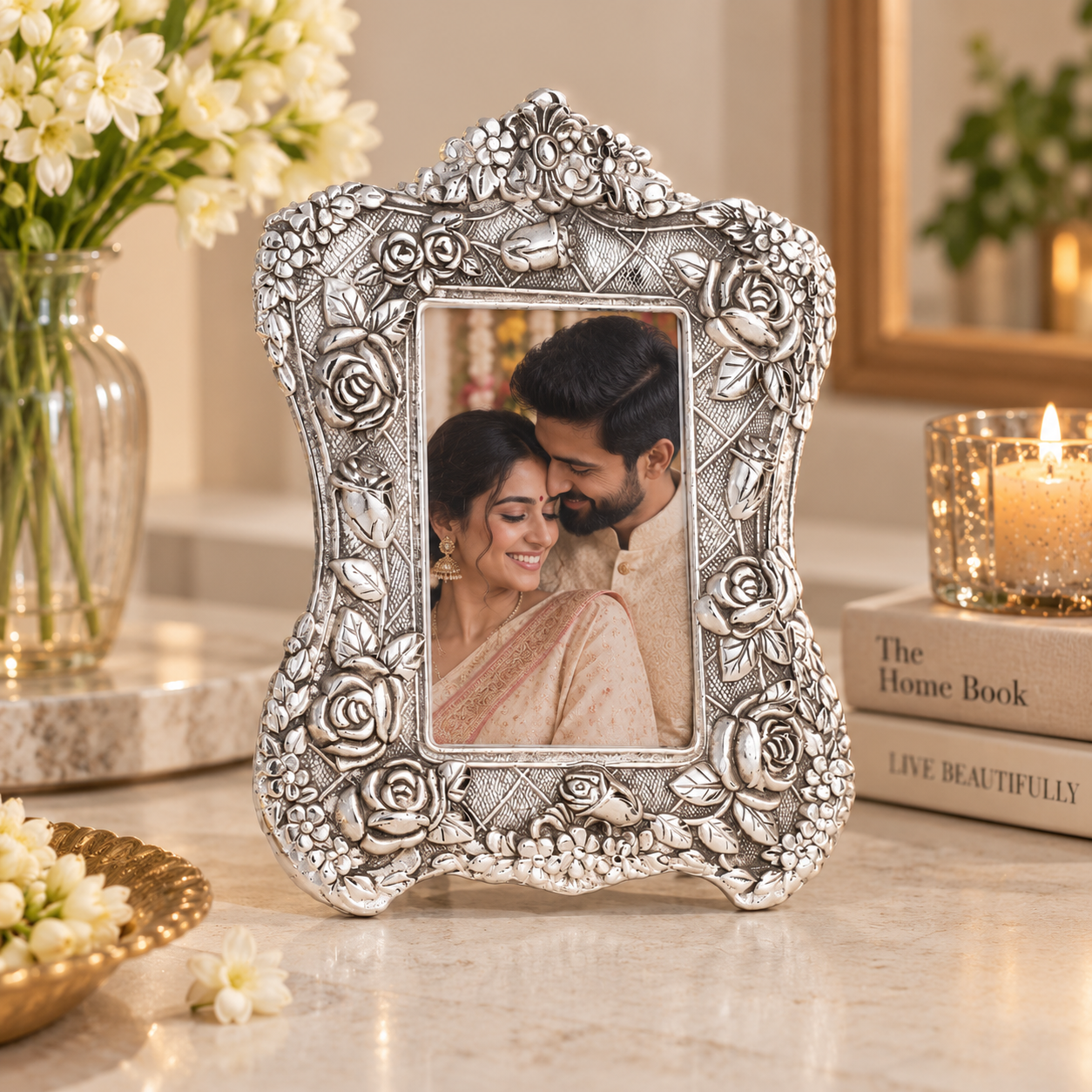 An ornate silver-toned rectangular photo frame with embossed floral and scrollwork details, standing on a marble surface. The frame contains a photo of a smiling couple, with a vase of white flowers, a lit candle on books, and a mirror in the softly lit background.