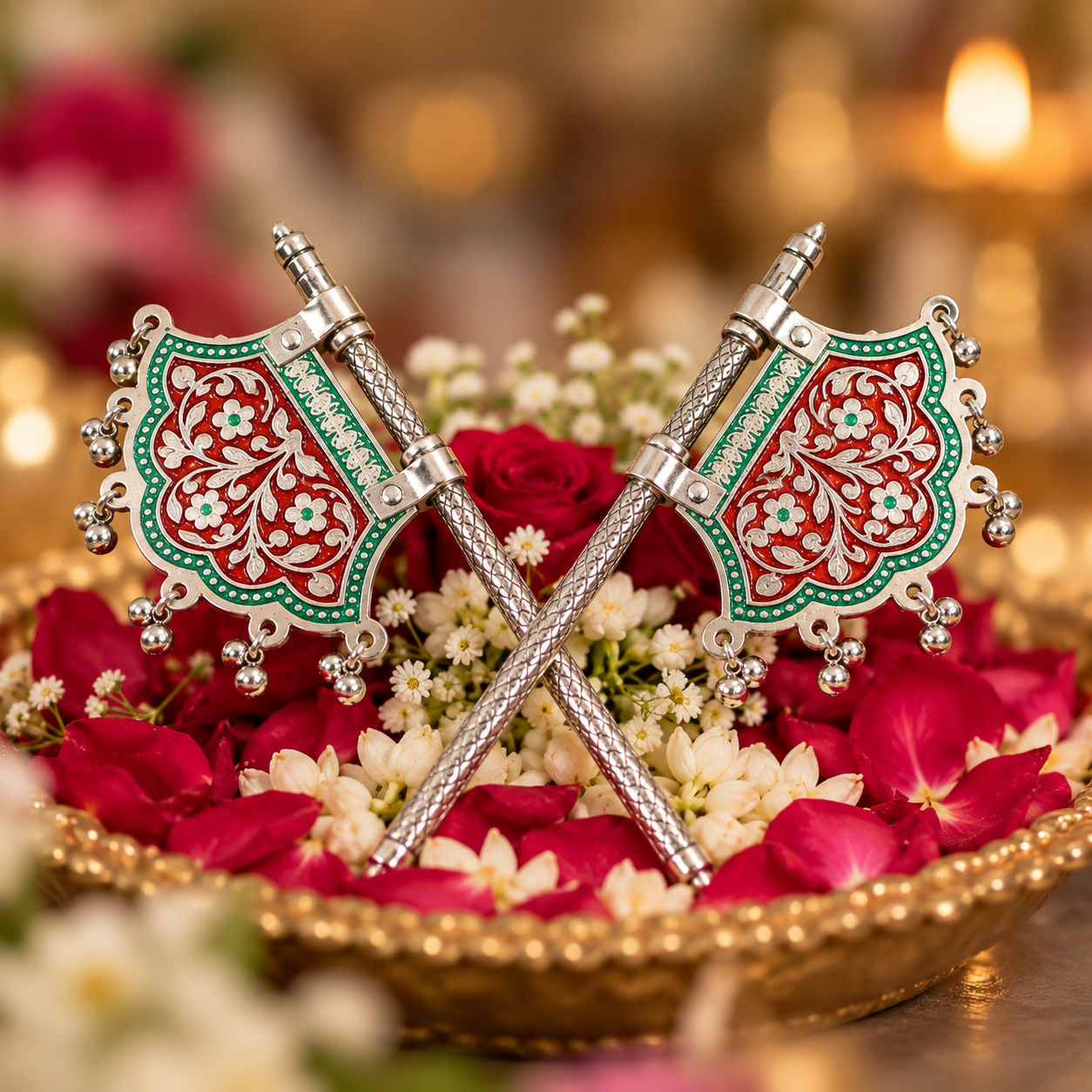 Two ornate silver decorative axes with red and green floral enamel shields, crossed over a bed of red rose petals and white flowers in a gold tray.