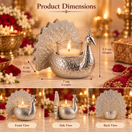 Product dimensions diagram for a silver peacock-shaped candle holder, showing front, side, and back views with measurements labeled 7 cm length, 4 cm width, and 5.5 cm height, set against a warm lit background with flowers and candles.