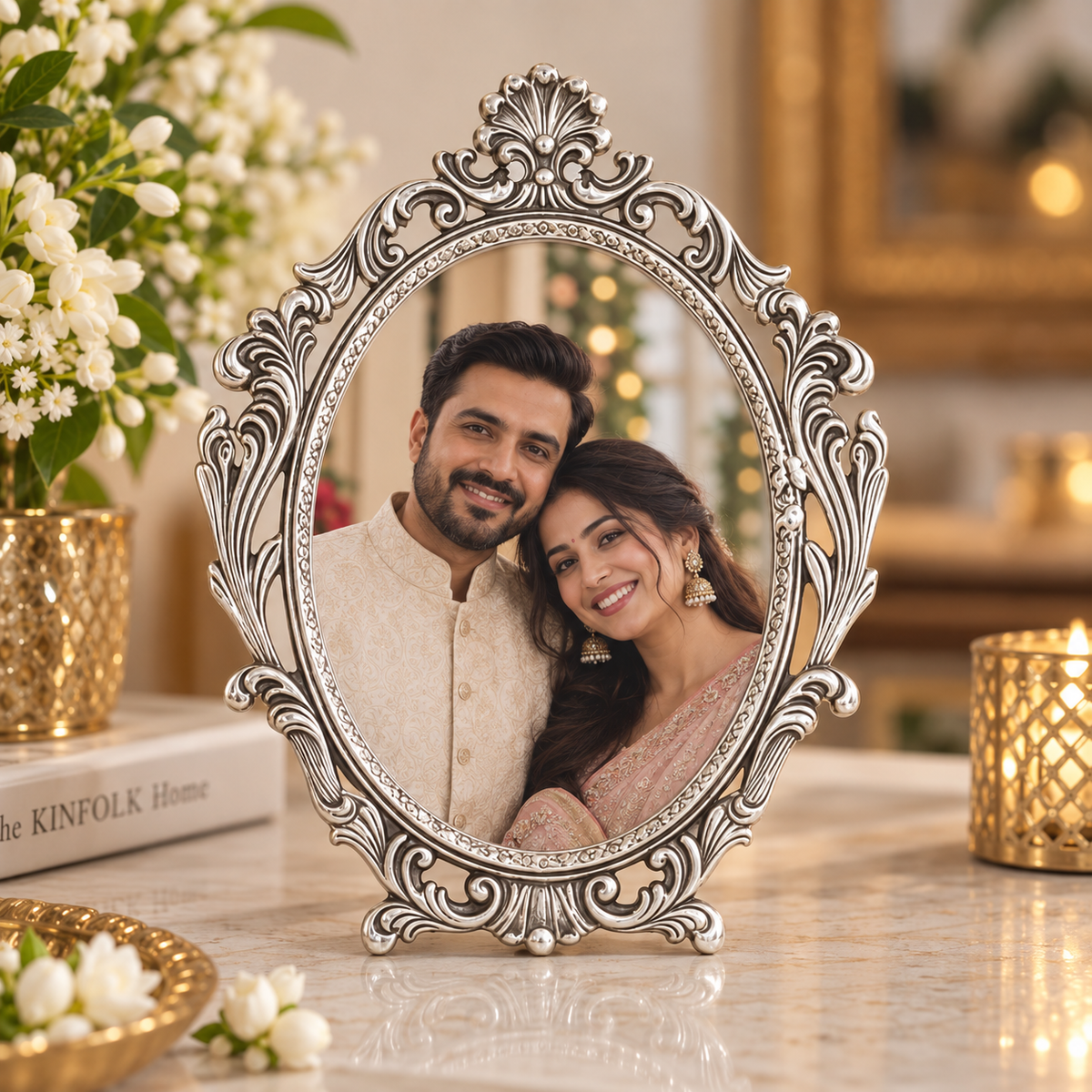 An ornate oval silver picture frame with intricate scrollwork and a small stand, holding a portrait of a smiling couple. The frame is displayed on a marble table with decorative flowers, books, and gold-toned candle holders in a warm, festive indoor setting.