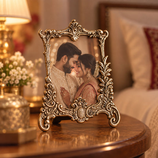 An ornate antique-style gold-toned metal photo frame with intricate scrollwork, standing on a wooden table in a warmly lit bedroom setting.
