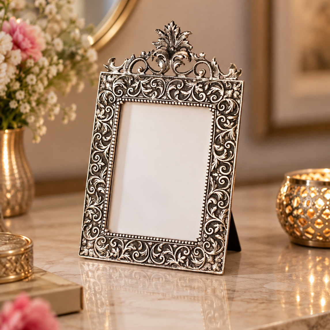 An ornate silver-toned metal picture frame with intricate scrollwork and a decorative crest at the top, displayed on a marble surface with flowers and gold-toned decor in the background.