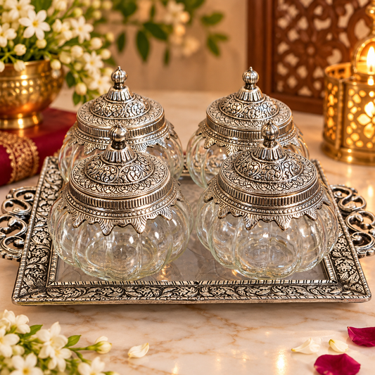 Four ornate silver-toned glass jars with matching lids arranged on a decorative silver tray, set on a marble surface with warm ambient lighting and floral decor in the background.
